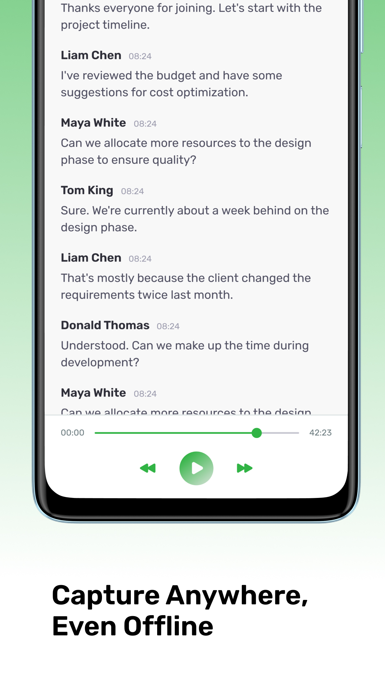 TopLine Mobile transcript replay of a recorded meeting