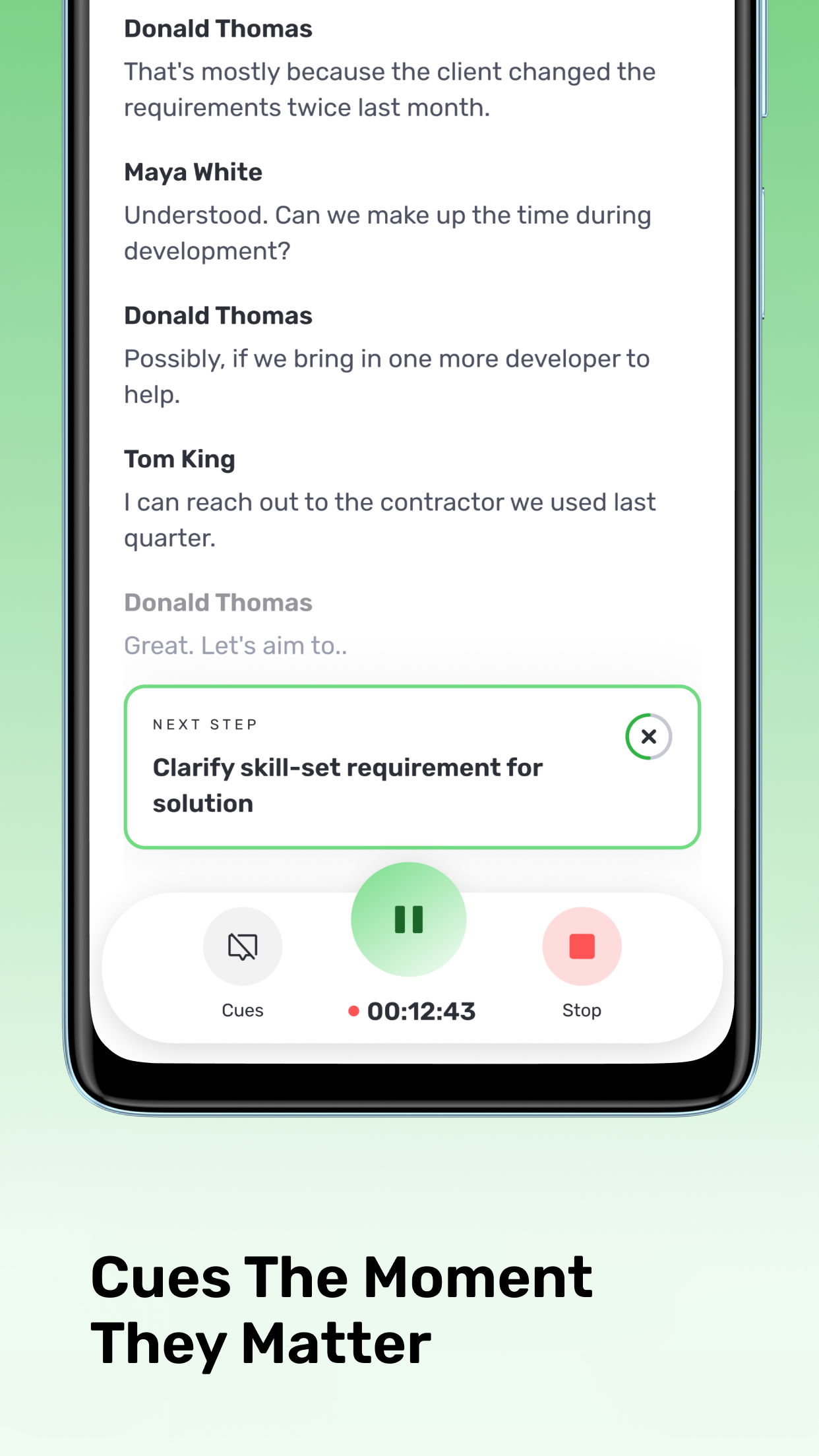 TopLine Mobile live transcript with a next-step cue