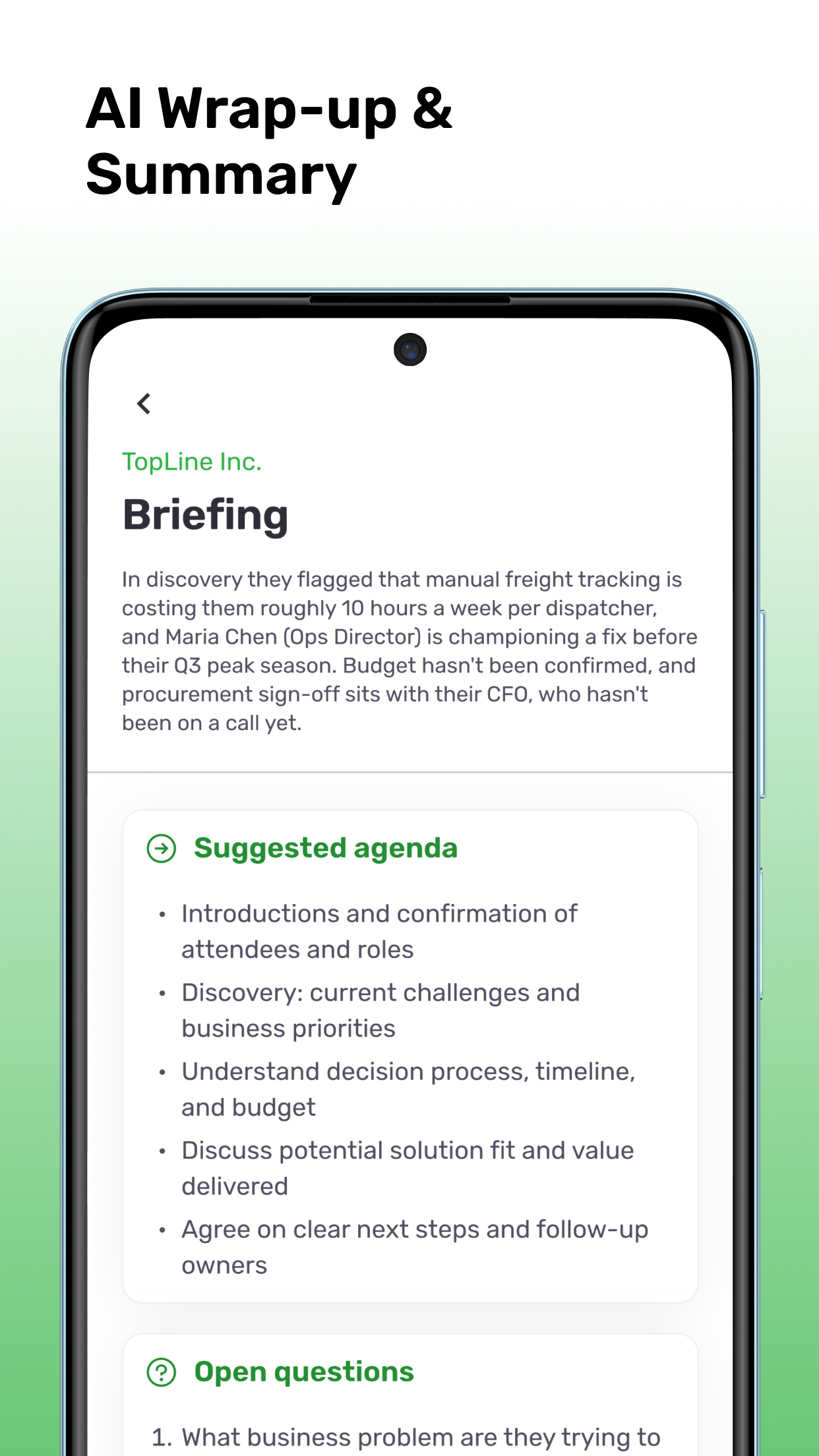 TopLine Mobile structured deal wrap-up and summary briefing after a call