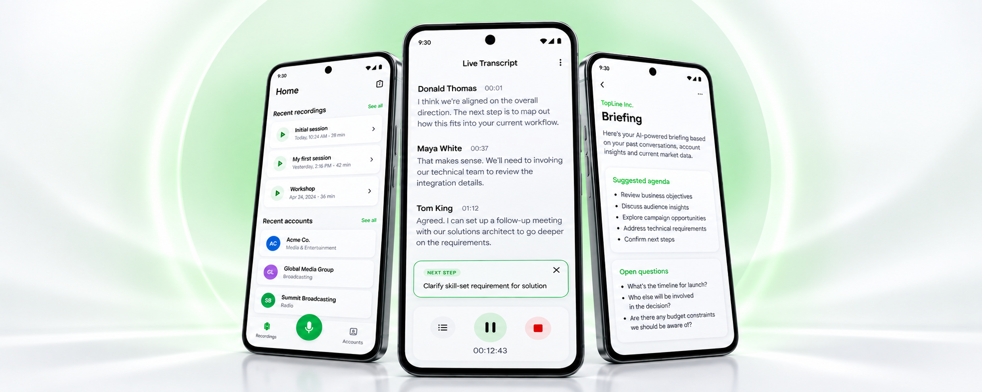 TopLine Mobile showing recent recordings, a live transcript, and a meeting briefing