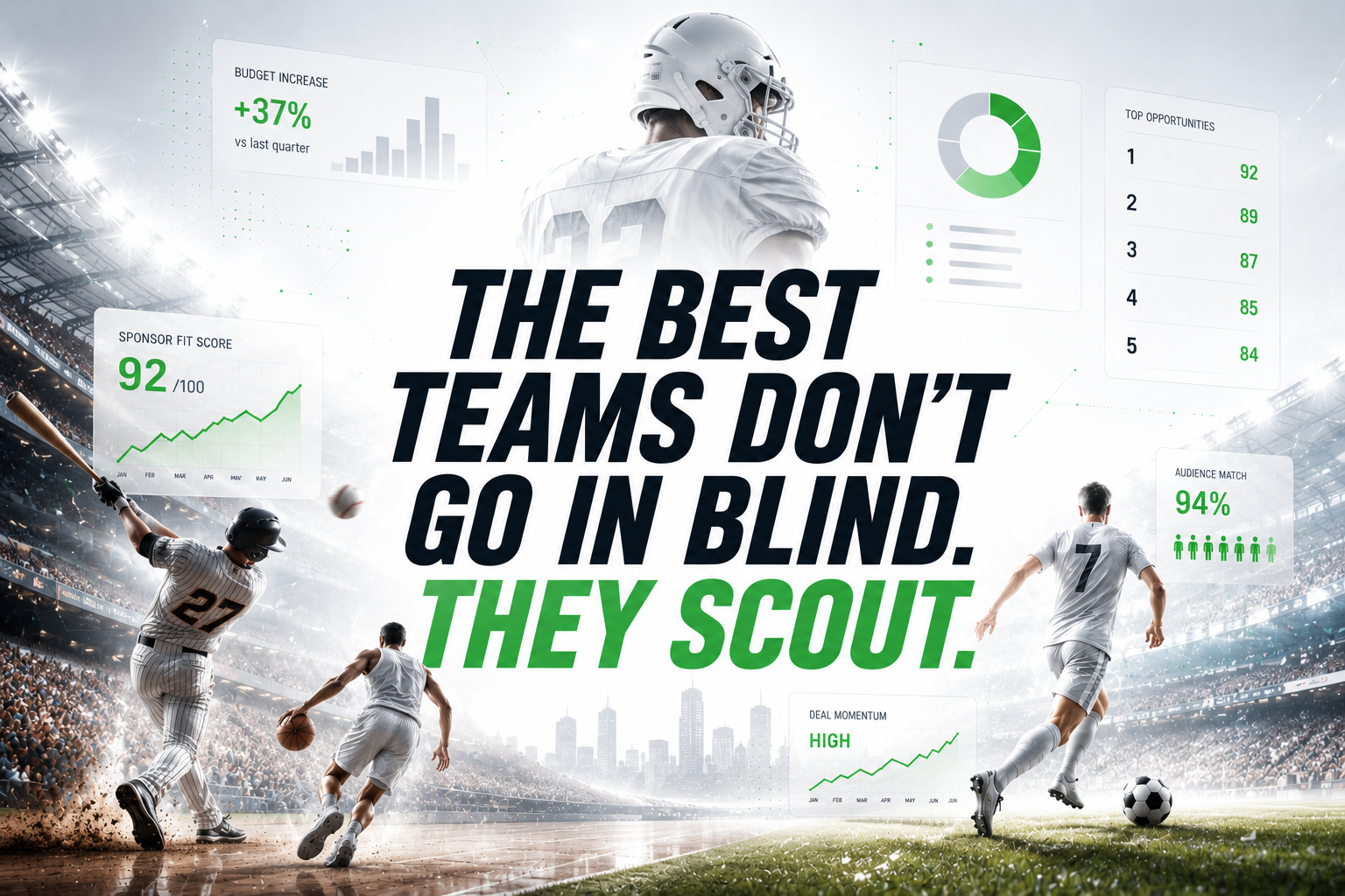 The best teams don't go in blind. They scout. Sponsorship scouting dashboards over a stadium scene.