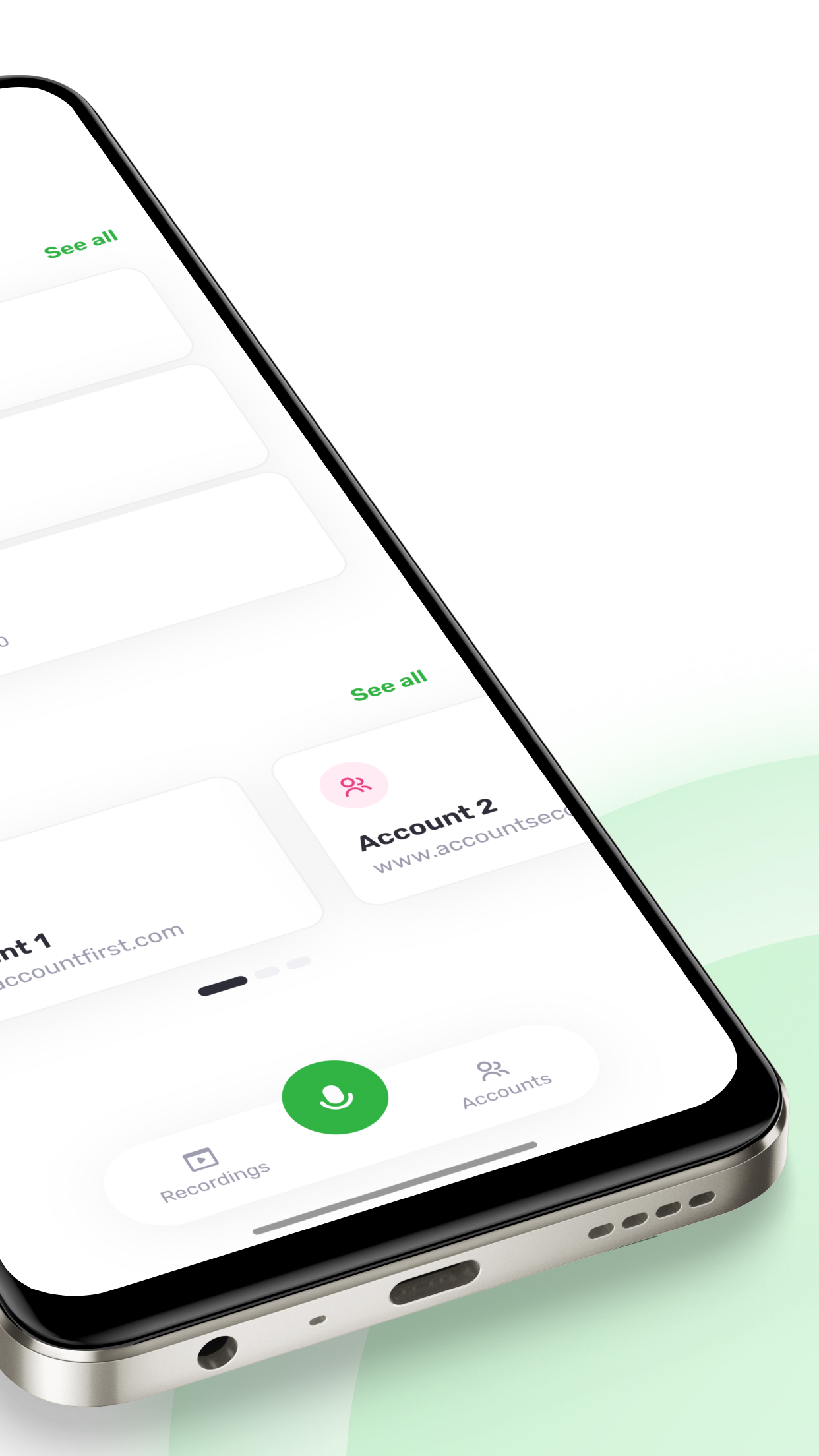 TopLine Mobile accounts view with the record button in the bottom navigation