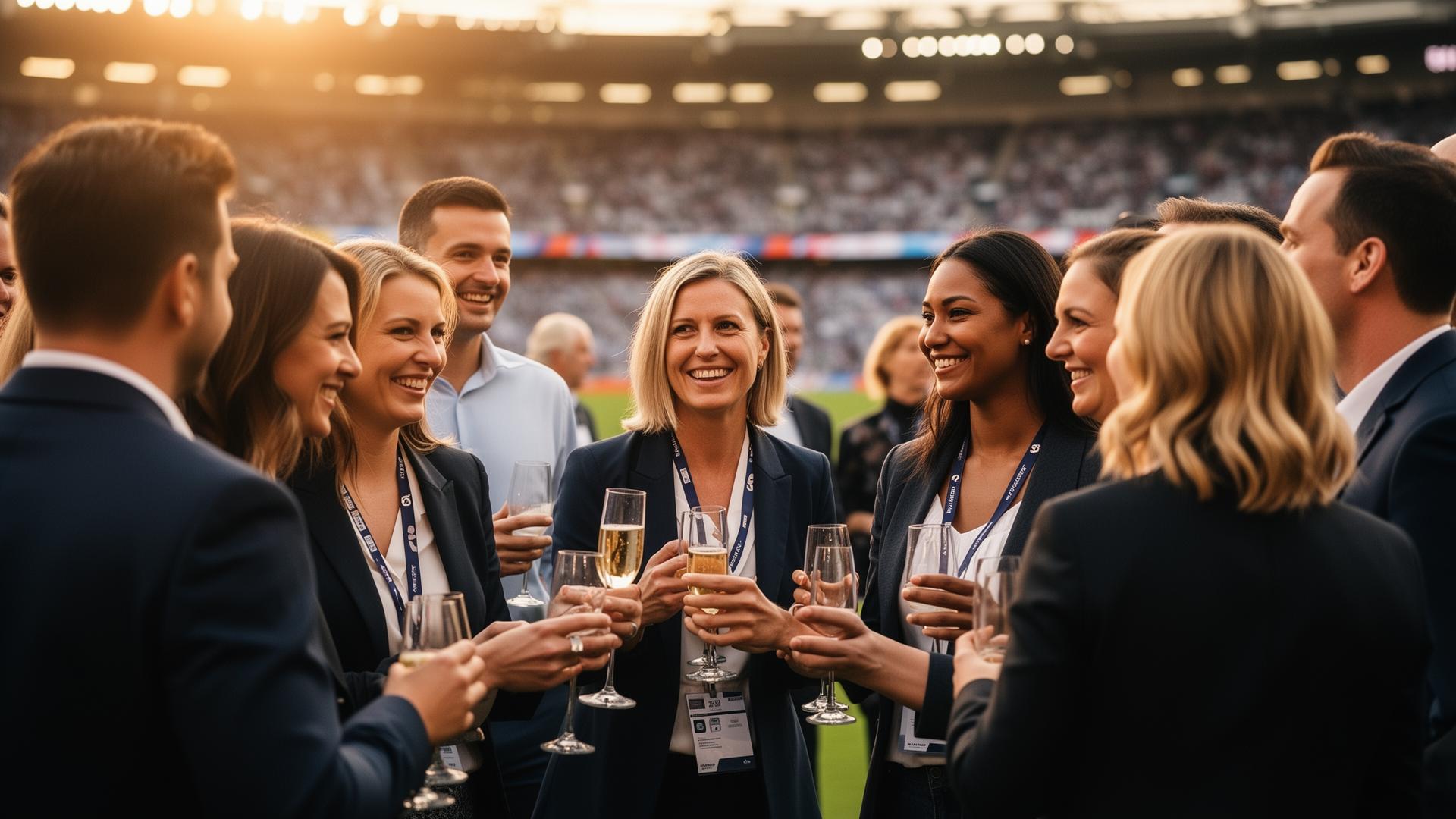 Diverse group of sports sponsorship professionals connecting at a stadium event.
