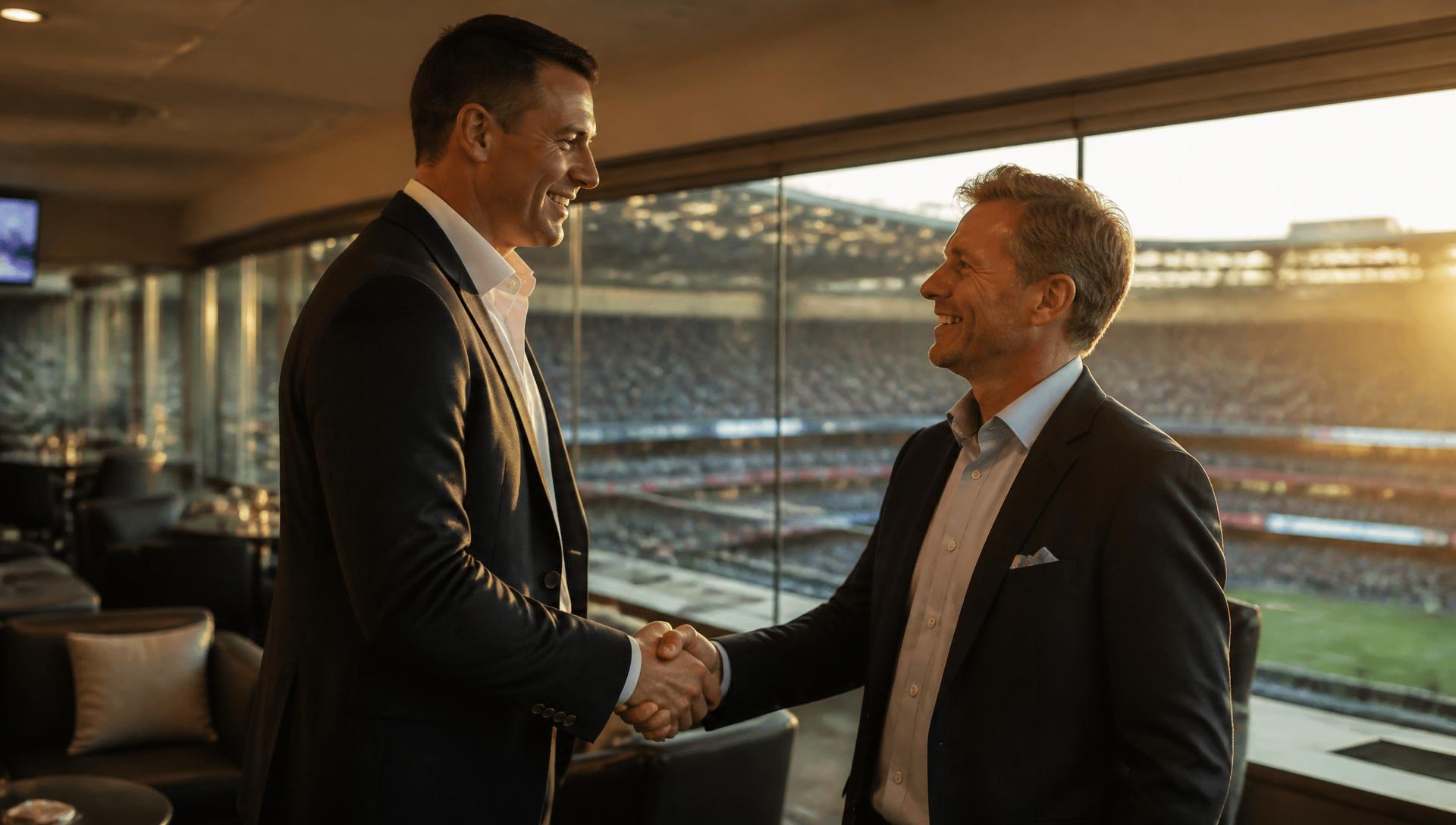 Two sponsorship executives shaking hands in a premium stadium suite at golden hour.